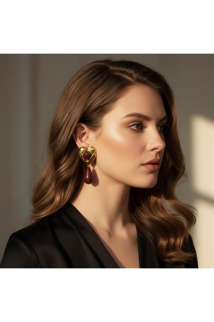 Women's Gold Color Heart Shaped Burgundy Stone Dangle Earrings