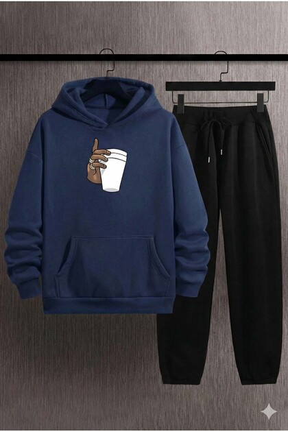 Unisex Navy Blue Cup Printed Hooded Sweatshirt Tracksuit Set