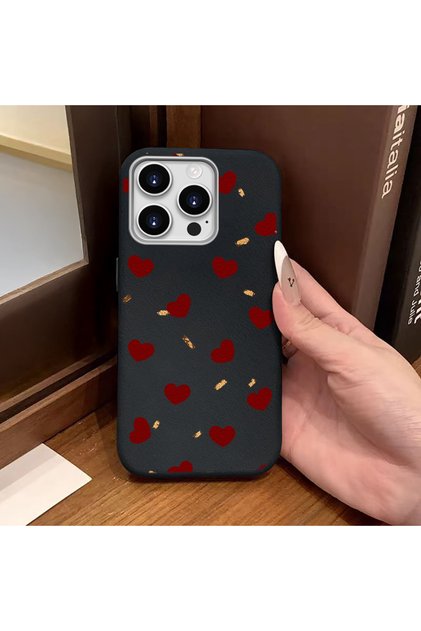 iPhone 15 Pro Max Compatible Black Leather Textured Silicone Protects Camera Shock-Absorbing Case Heart