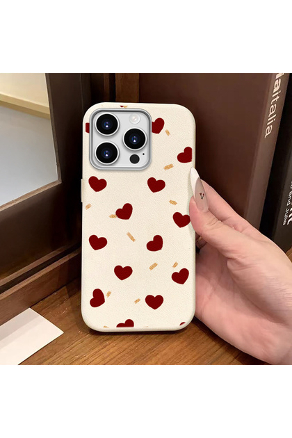 iPhone 14 Pro Max Compatible White Leather Textured Silicone Protects Camera Shock-Absorbing Case Heart