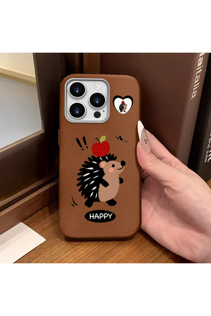 iPhone 15 Pro Max Compatible Brown Leather Textured Silicone Protects Camera Shock-Absorbing Case Hedgehog