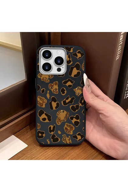 iPhone 14 Pro Compatible Black Leather Textured Silicone Protects Camera Shock-Absorbing Case Leopard