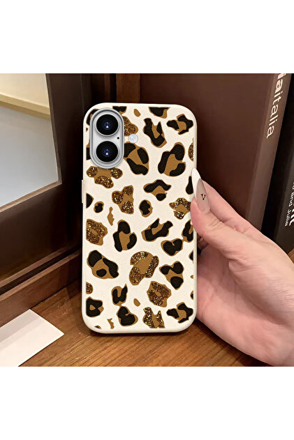 iPhone 16 Compatible White Leather Textured Silicone Protects Camera Shock-Absorbing Case Leopard