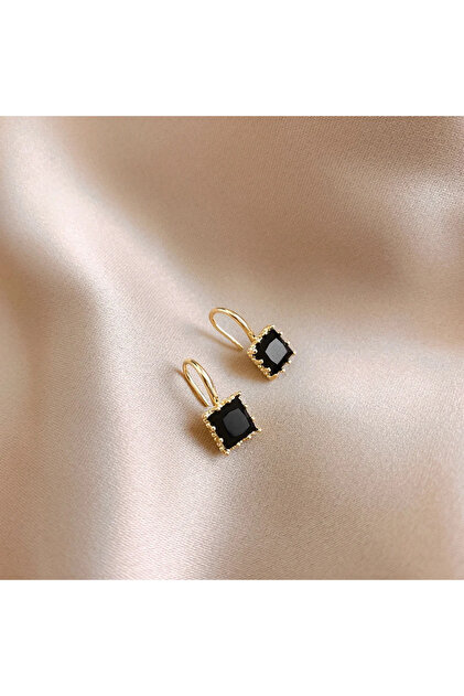Black Square Crystal Stone Earrings Copper Material in Gold Plated Clear Black Crystal Stone Fish Ho