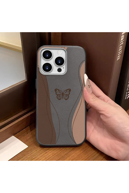 iPhone 15 Pro Max Compatible Gray Leather Textured Silicone Protects Camera Shock Absorbing Case Butterfly