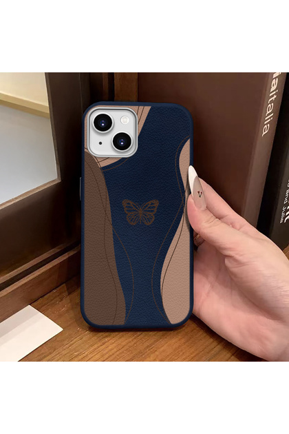 iPhone 13/14 Compatible Blue Leather Textured Silicone Protects Camera Shock-Absorbing Case Butterfly