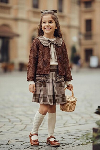 My Little Girl's 3-Piece Set with Plaid Sequin Detailed Skirt and Rose Lace Detailed Cardigan - Kah