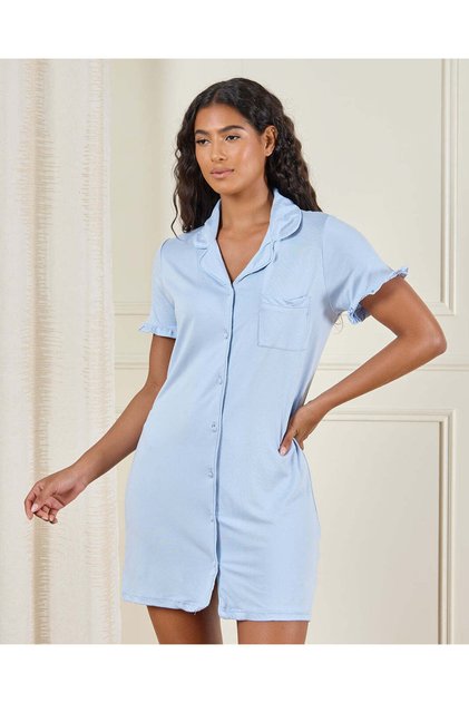 Women Blue Plain Collared Nightshirt
