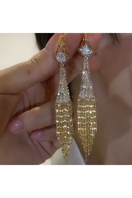 أقراط ذهبية طويلة بشرابة مرصعة بالزركونيا المكعبة الفاخرة WC1706-1 للنساء، أقراط رائعة بتصميم قطرة الماء