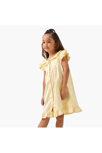 Floral Print Night Dress with Ruffle Sleeves