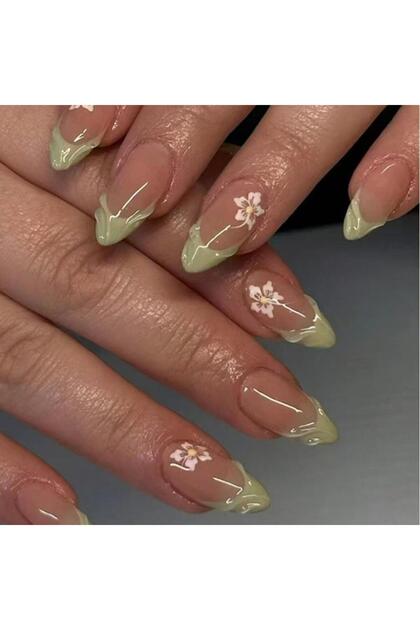 YS672 24pcs Simple Green French Fake Nails Finished Fashion Flower Design Almond False Nail Tips Reu