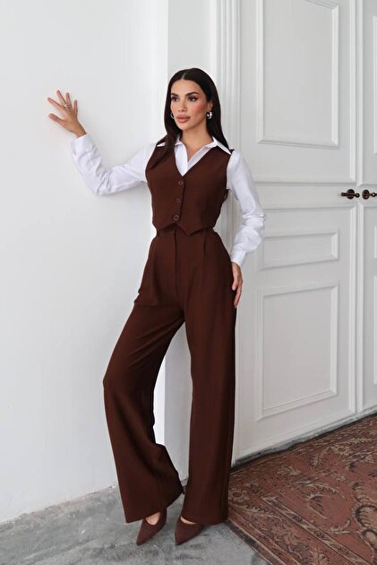 Trend Alaçatı Stili Brown Buttoned Vest and Palazzo Pants Set
