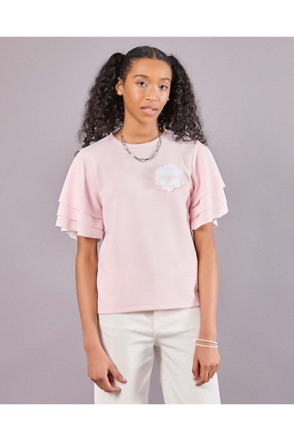 Senior Girls Pink Ruffled Sleeve Jacquard Top