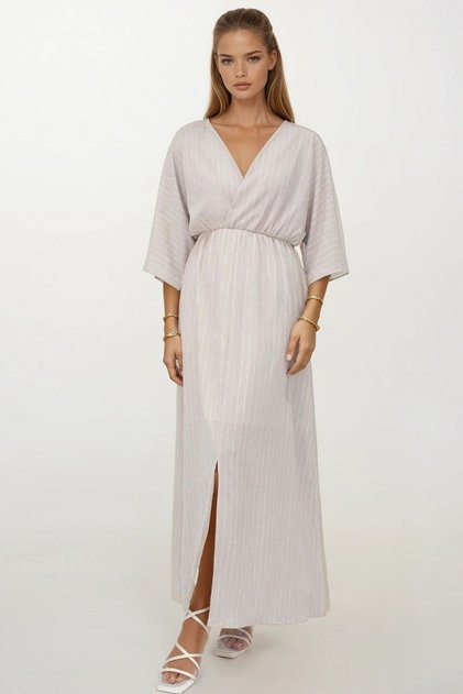 Women's Beige Deep V-Neck Elastic Waist Striped Dress Vs00357
