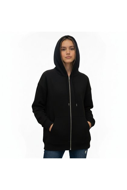 Kışlık 3 ip Fermuarlı Kapüşonlu Kanguru Cepli Kız ve Erkek Siyah Okul Sweatshirt