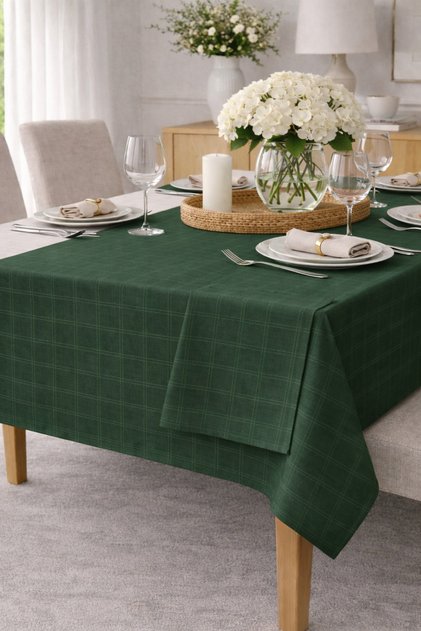 Checkered Satin Tablecloth with Napkins Green 100% Cotton 140X200 cm - 40X40 cm Napkins (6 Pieces)