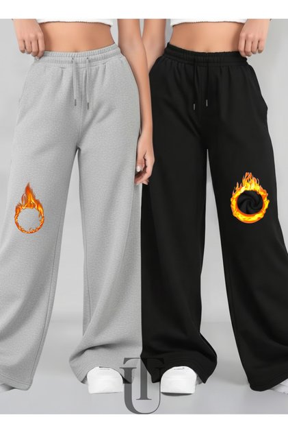 Winter Fleece-Lined Women's 2-Piece (Black + Grey) Sweatpants with Cotton Inside, Loose Fit, Baggy, Plus Size, with Pockets