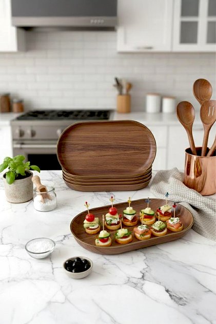 Ahşap Görünümlü Oval Şık Sunum Kayık Tabağı-Kahvaltılık Ve Dekoratif Servis Tabağı 24 CM