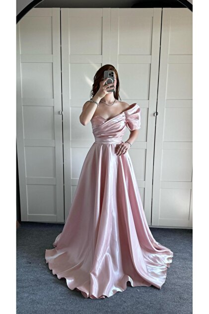 AYŞENUR DİNÇER Ophelia Satin Low Sleeve Powder Pink Evening Dress