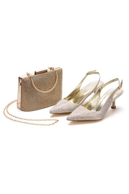 Women's 5 cm Style Heeled Stone Embroidered Evening Dress Shoes and Bag Set