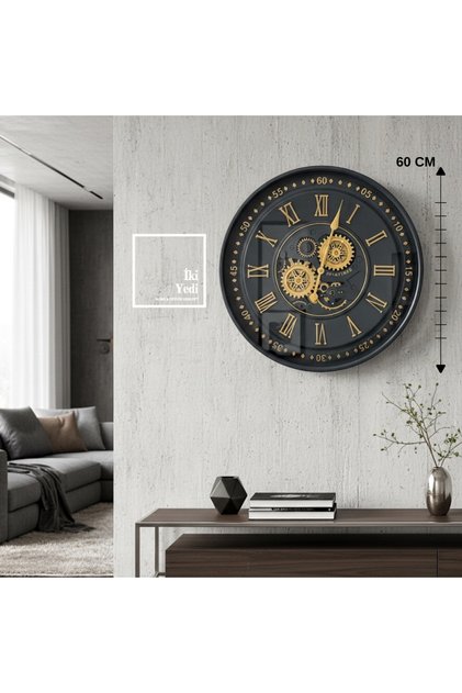 Hubert Füme Renk 60 cm Döner Çarklı Duvar Saati Metal Mekanizmalı Salon Ofis Duvar Dekoru Hediye