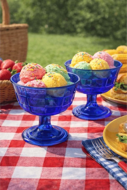 Set of 2 Footed Cobalt Blue Checkerboard Patterned Glass Dessert Bowls - Ice Cream, Magnolia Presentation Glass