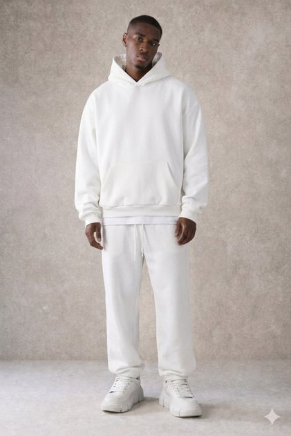 Men's Cotton Fleece Lined Hooded Basic Relaxed White Tracksuit Set