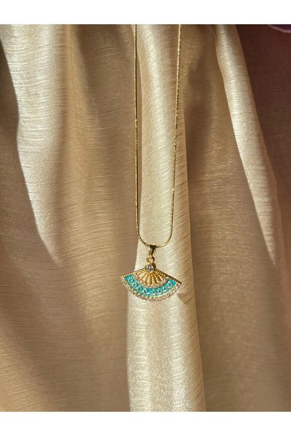 Vintage Gold Chain Steel Fan Necklace - Blue Fan Necklace - Italian Chain