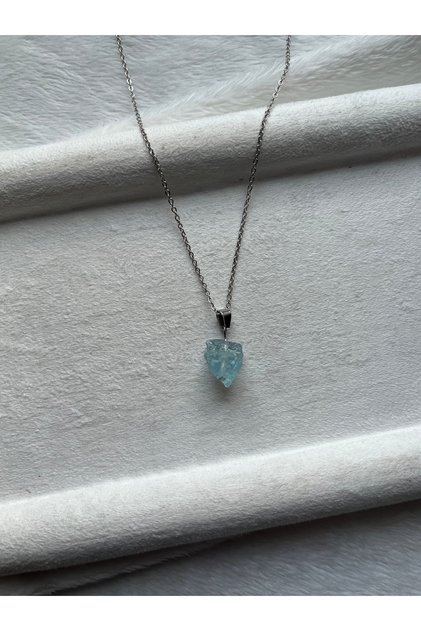 Raw Aquamarine Stone Steel Necklace Handmade