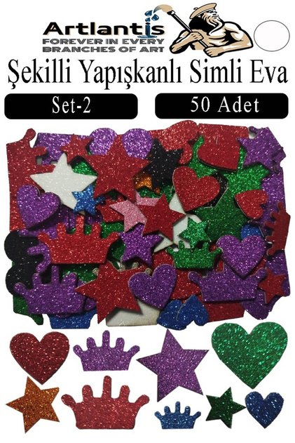 Şekilli Simli Eva Yapışkanlı 50 li 1 Paket Kendinden Yapışkanlı Simli Eva Sticker Okul Öncesi Kreş A