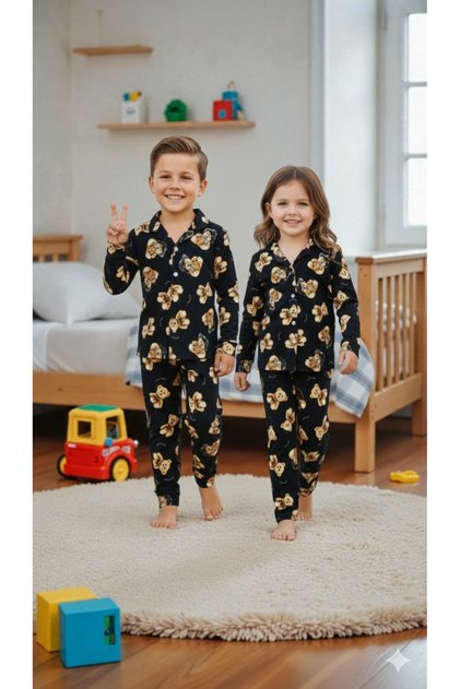 Arnhomewear Sister Brother Family Matching Teddy Bear Printed Winter Suede Fabric Pajamas Set (the Price Is for One Set)