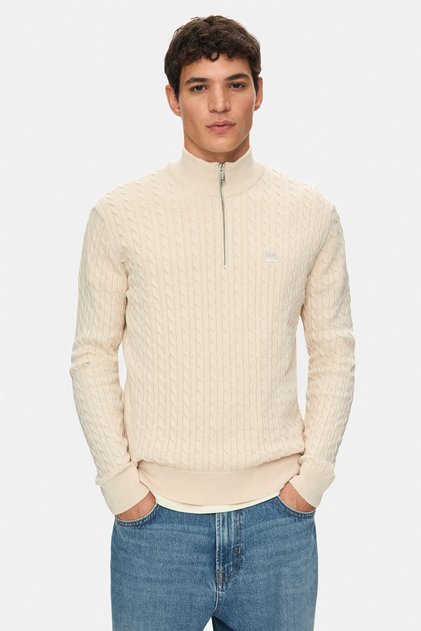 Palvin Bone Color Half Zipper 100% Cotton Embroidered Standard Fit Men's Knitwear