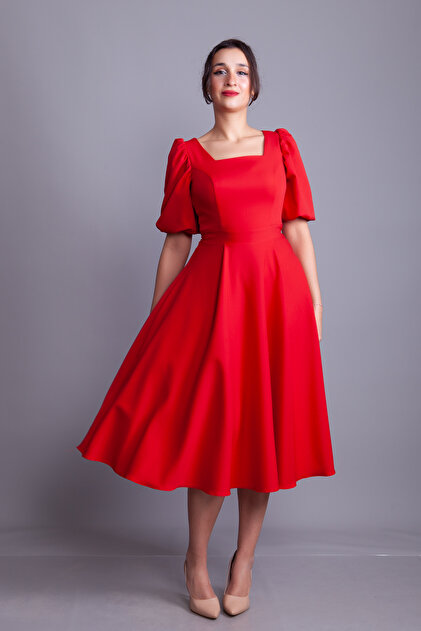 Bidoluelbise Red Square Neck Balloon Sleeve Midi Length Evening Dress-  Trendyol