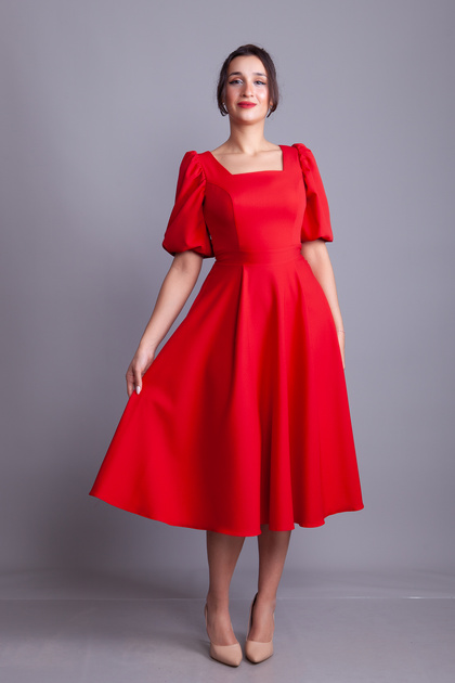 Rochie de seară roșie cu mâneci cu decolteu pătrat baloane, lungime midi