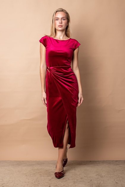 Women's Lycra Velvet Boat Neck Off-Shoulder Front Detail Slit Double-Breasted Evening Dress/Night Dress-Bord