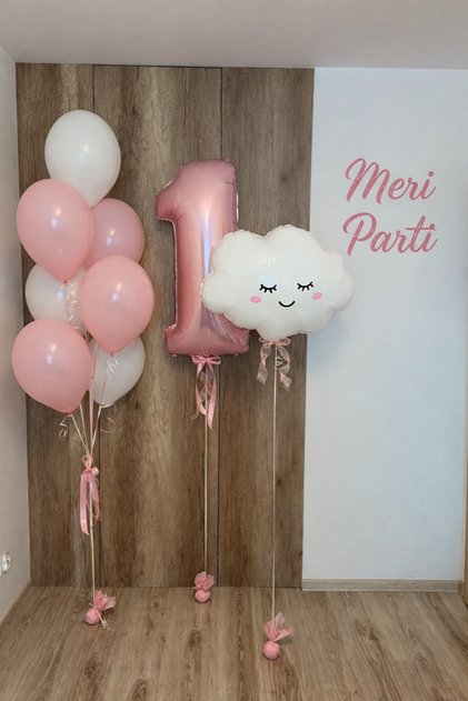 1 Year Old Pink Cloudy Balloon Bundle – Pink Number 1 & Party Set