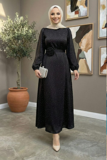 Women's Pearl Detailed Belted Black Satin Dress