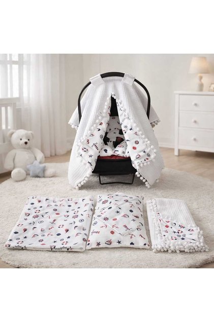 Double-Sided Marina Muslin & Pike Stroller Cover, Backed Cushion, Baby Blanket and Pillow Set