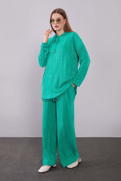 Mint Green Hooded Double Suit with Lace Detail