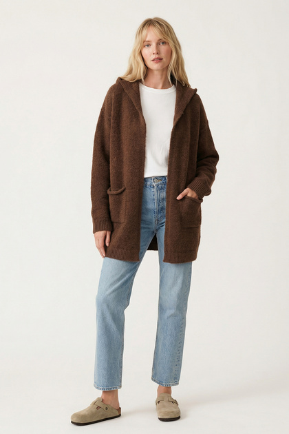 CHUBA Premium Kadın Rahat Kalıp Moher Yün Kapüşonlu Hırka Kahve