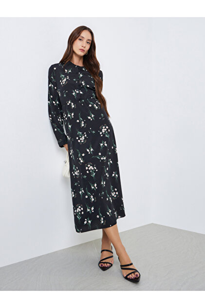 Women Floral Printed Button Front Midi Dress
