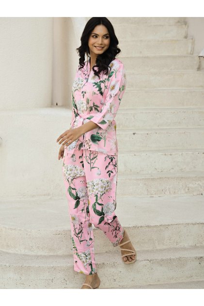 Floral Print Tie Belt Top and Trouser Co-Ords
