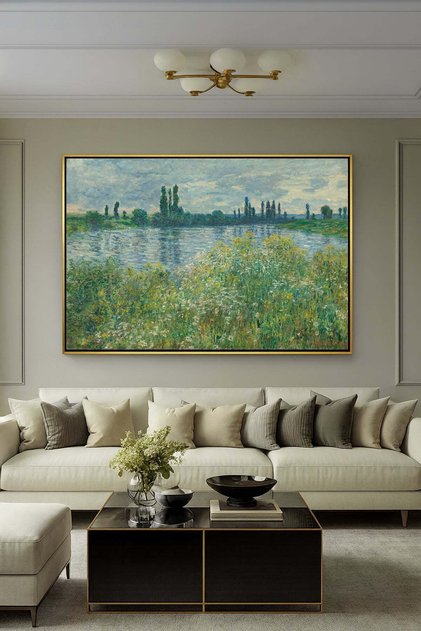 Claude Monet Seine Kıyıları, Vetheuil Gold Metal Çerçeveli Kanvas Tablo
