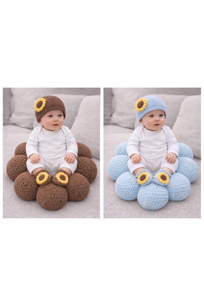 Sunflower Detailed Hand-Knitted Baby Beanie & Booties Set – Organic Look,