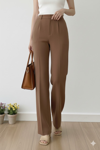 Women's Wide Leg Pants with Button Detail and High Waist Fabric Wide Leg Trousers