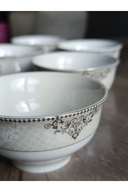 Zarif Desenli Porselen 6’lı Çerezlik Kase Seti – Beyaz Gri Detaylı