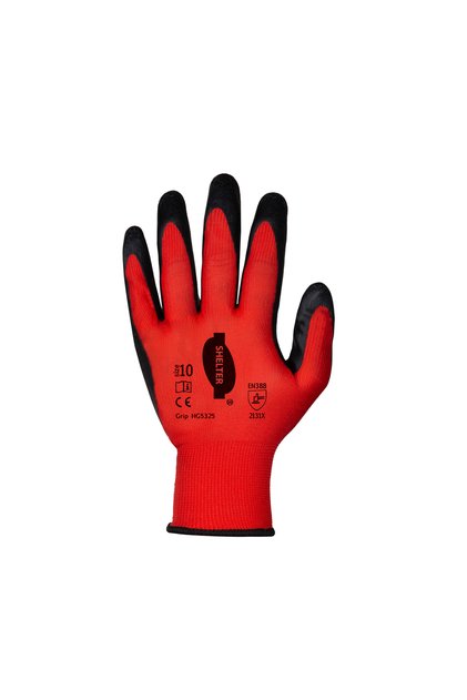 قفازات Grip HG5325 ذات بطانة بوليستر حمراء مع طبقة لاتكس سوداء مجعدة