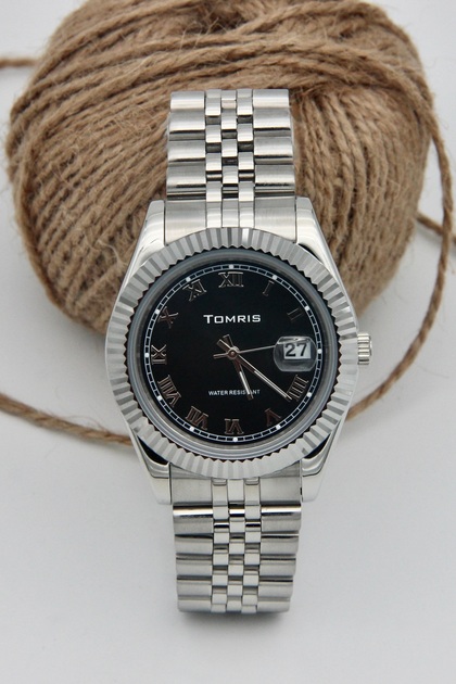Steel Men's Wristwatch, Waterproof, with Calendar, Silver Color Cord, Roman Numerals, Black Men's Wristwatch