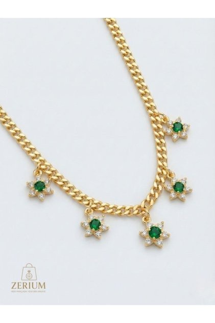 Green Stone Gourmet Chain Floral Steel Women's Necklace Premium Modern