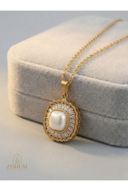 Pearl and Baguette Stone Steel Women's Necklace Gold Color Modern Premium Series